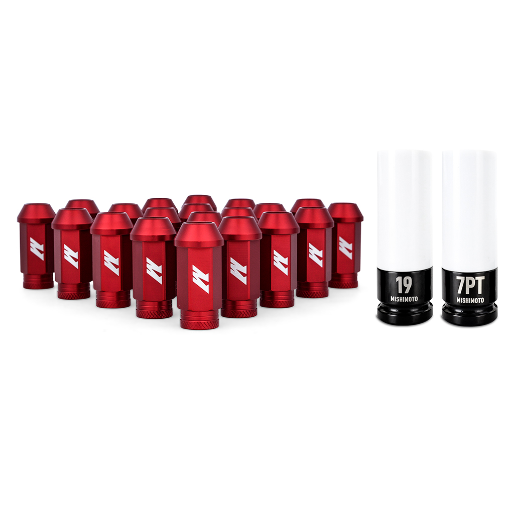 Mishimoto Aluminum Locking Lug Nuts MMLG-15-20LRD set in red finish with non-marring socket and key