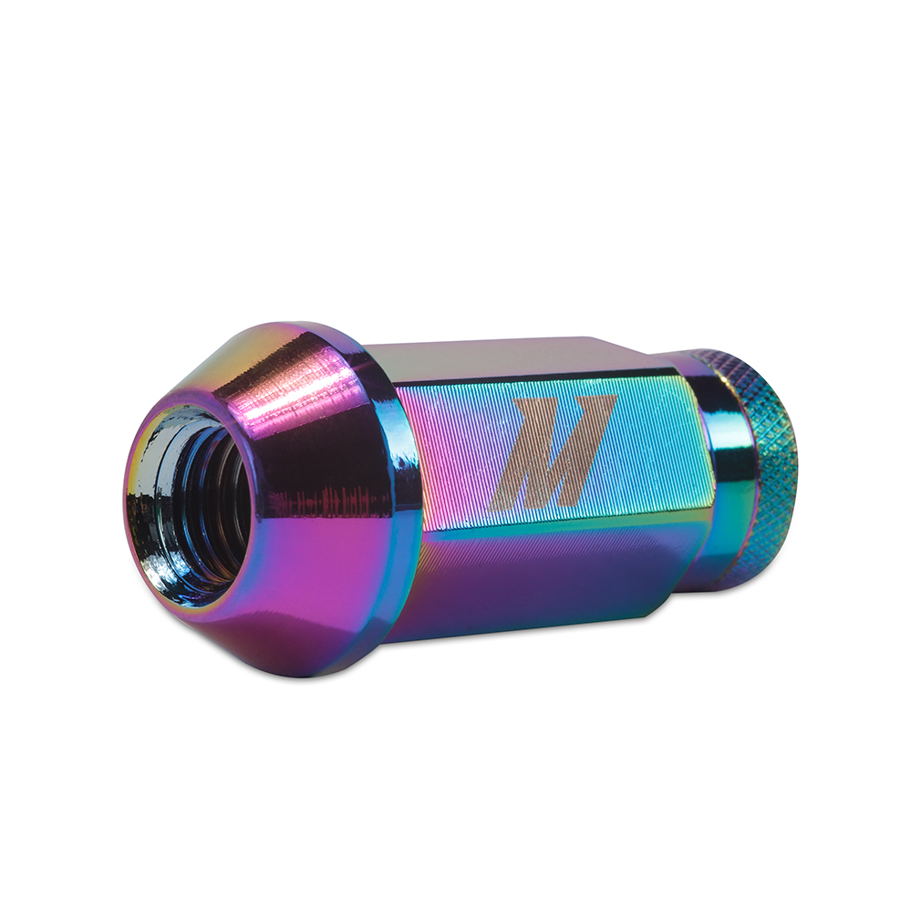 Close-up of Mishimoto lug nut knurled end and open-ended 50mm shank design