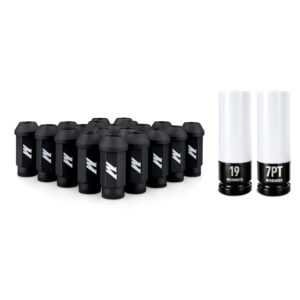 Mishimoto Steel Locking Lug Nut 20-Piece Kit in black, M14x1.5 thread, 19mm hex, part MMLG-M14-20LBK
