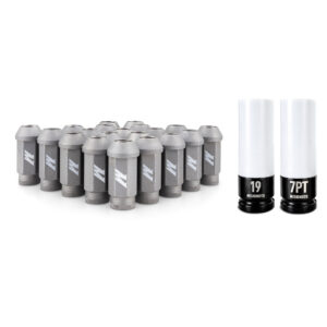 Mishimoto Steel Locking Lug Nut 20-piece Kit in silver with M14x1.5 thread and 19mm hex