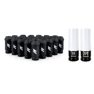 Mishimoto Steel Locking Lug Nut 24-Piece Kit in black with M14x1.5 thread and 19mm hex