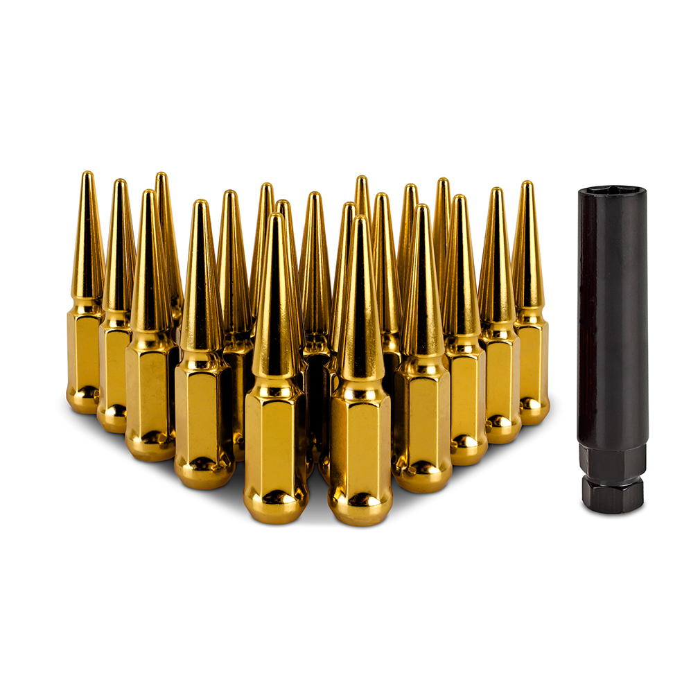 Cold-forged carbon steel Mishimoto spiked lug nut showing 60-degree tapered acorn seat