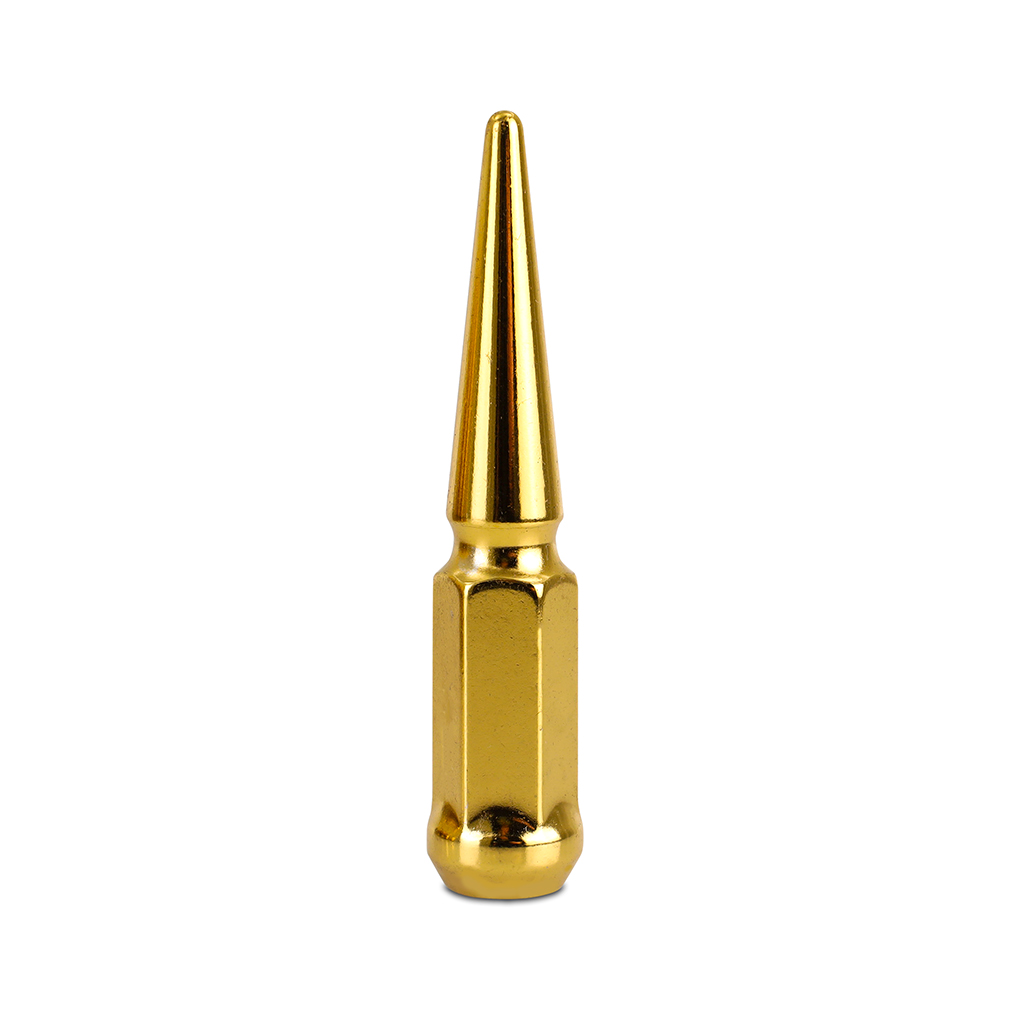 Set of 20 gold Mishimoto spiked lug nuts arranged with included deep-well socket