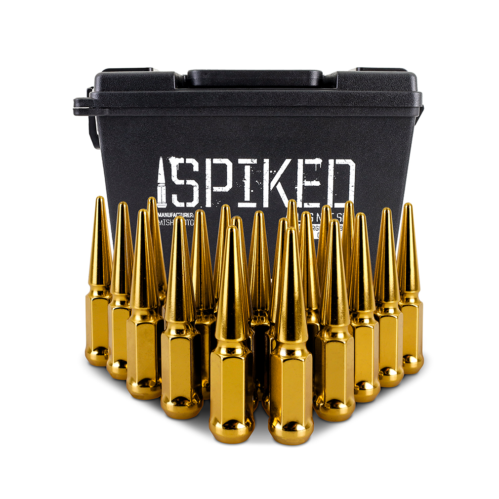 Close-up of gold electroplated finish on Mishimoto cold-forged spiked lug nut