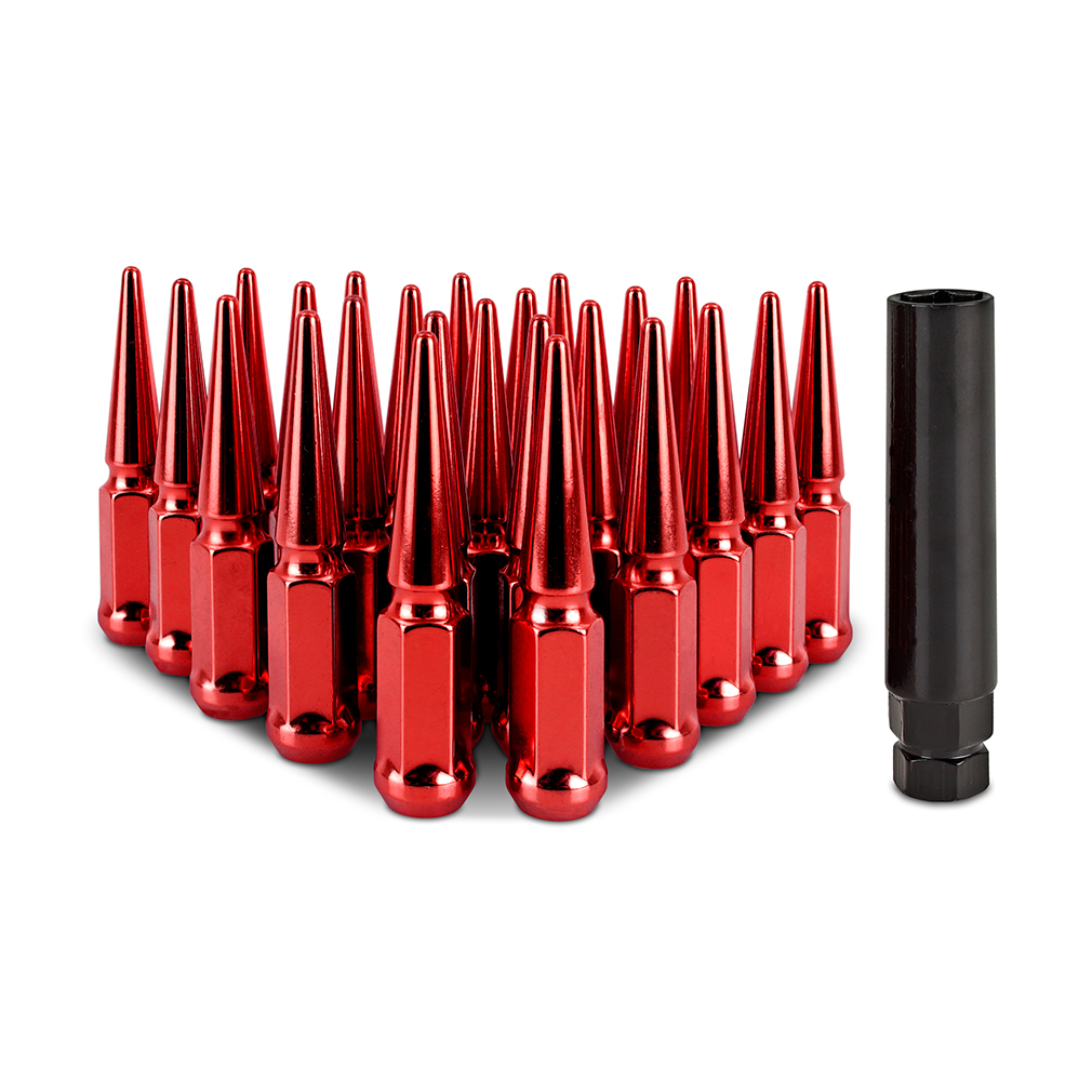 Cold-forged carbon steel Mishimoto lug nut showing M12x1.5 thread and conical acorn seat