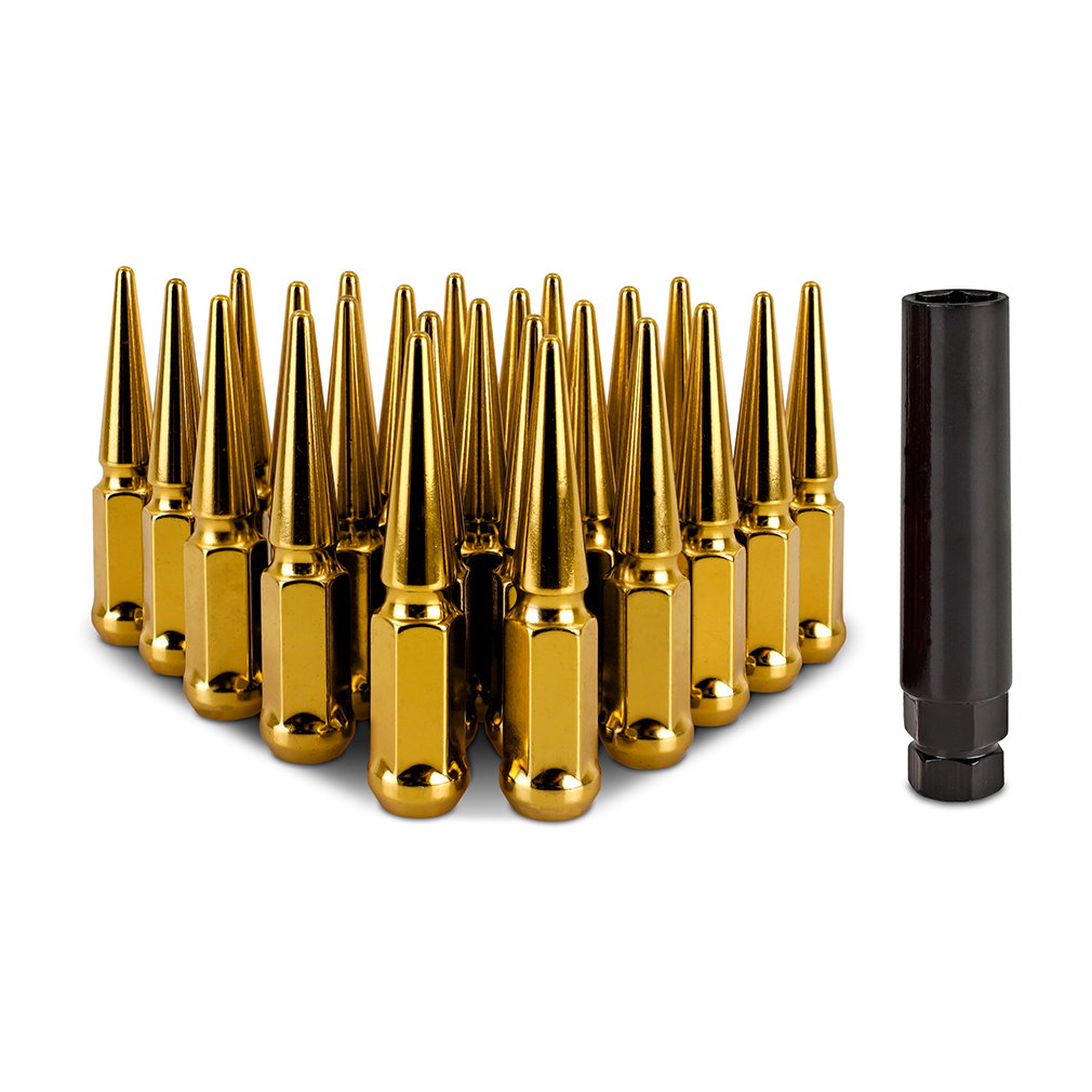 Close-up of Mishimoto cold-forged carbon steel lug nut showing 60-degree acorn seat