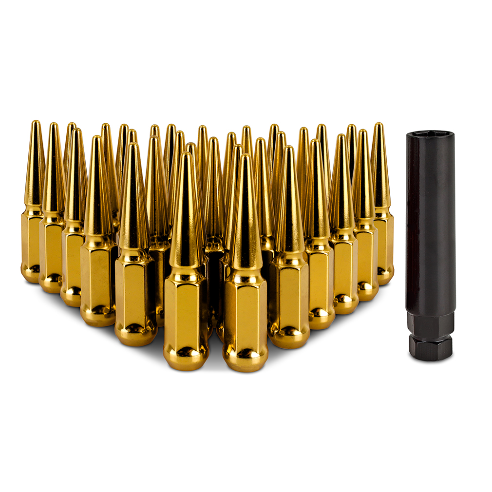 Cold-forged carbon steel Mishimoto lug nut showing 60-degree tapered acorn seat
