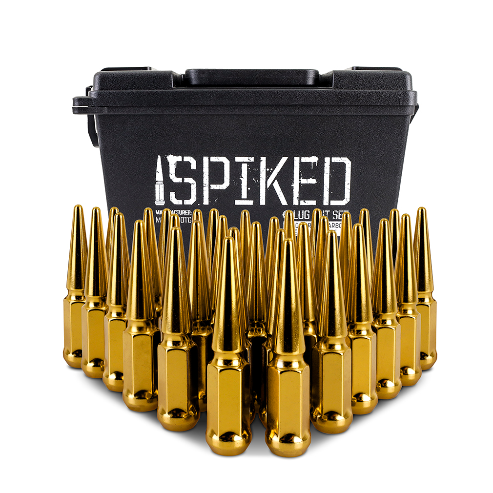 Mishimoto spiked lug nuts packaged in ammo can-style storage container
