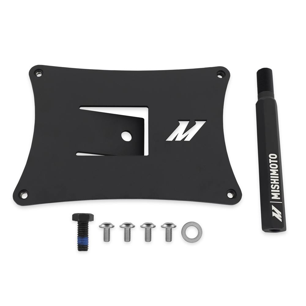 Black anodized and powder-coated 6061 aluminum license plate relocation bracket by Mishimoto