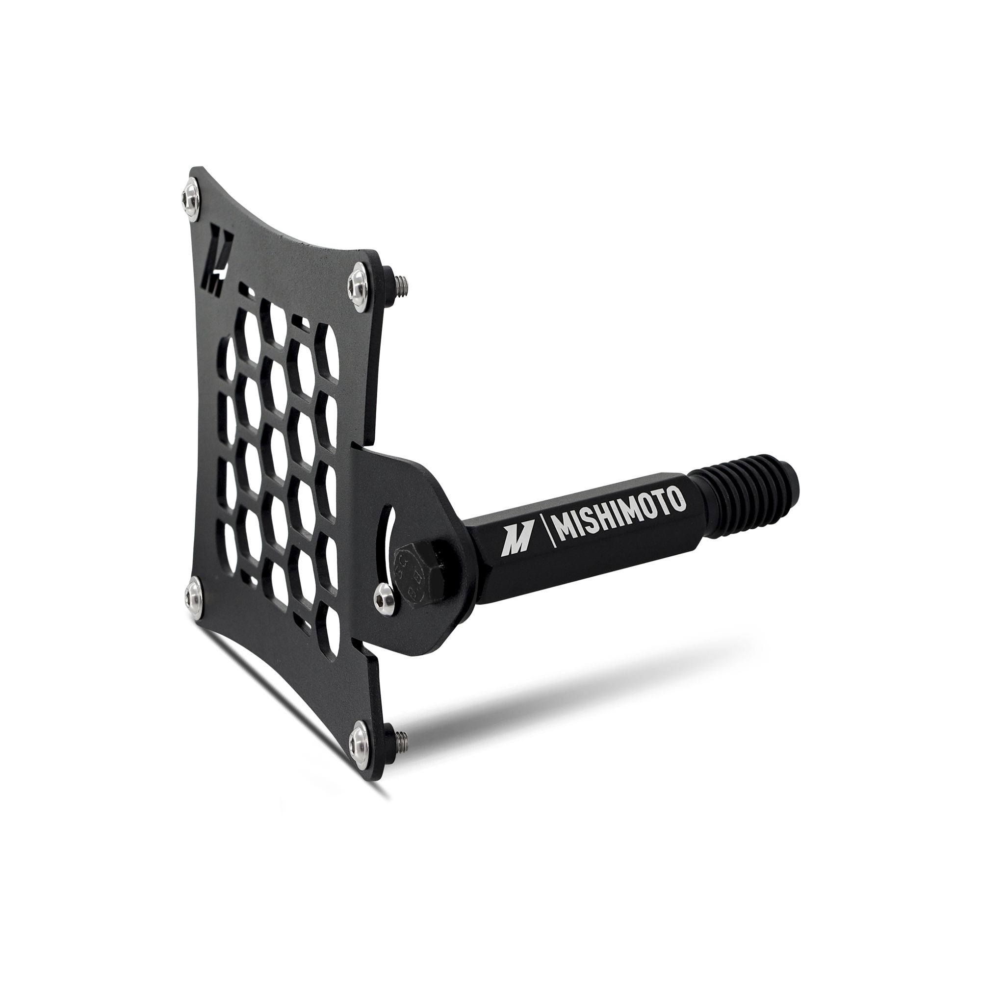 Powder coated black license plate bracket angled to match the F8X M3/M4 bumper contours