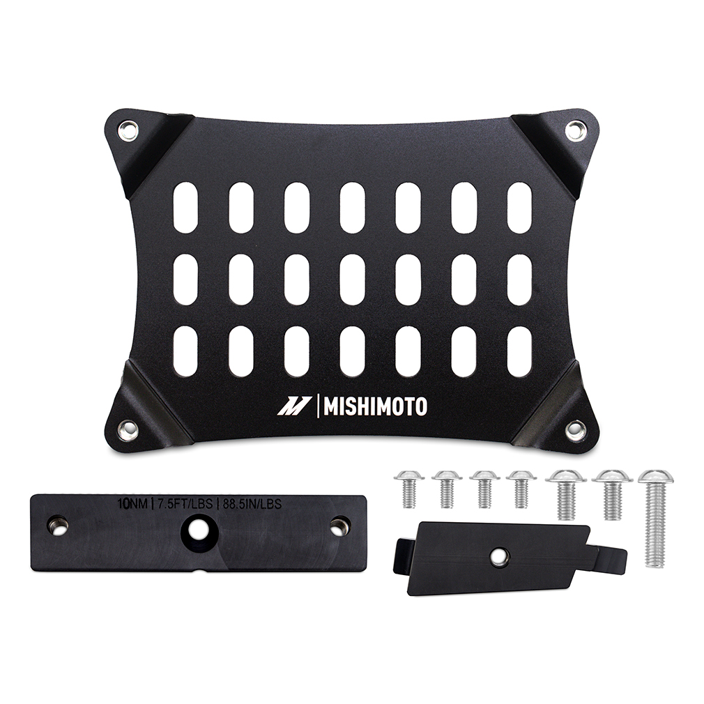 Mishimoto MMLP-MME-21 license plate relocation kit installed on a Ford Mustang Mach-E front bumper