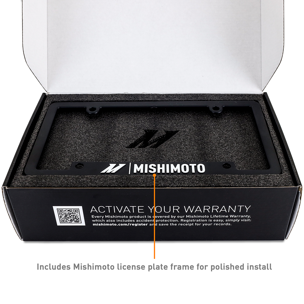 Anodized black shaft and powder-coated bracket of the Mishimoto license plate relocation kit