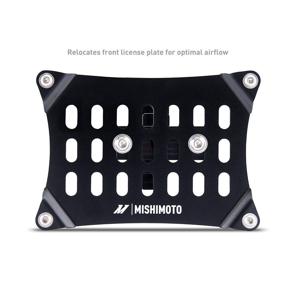 Powder-coated black Mishimoto license plate bracket with anodized black shaft for Mustang EcoBoost