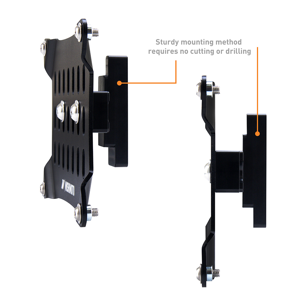 Mishimoto license plate relocation kit bracket showing micro-wrinkle black powder coat finish