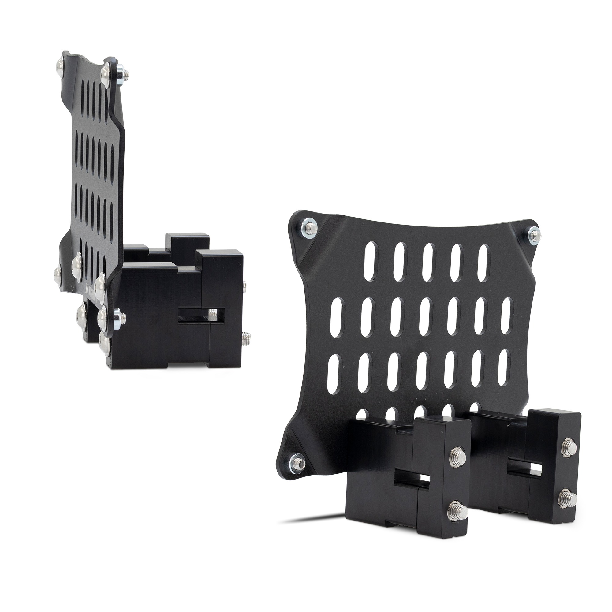 Close-up of the 3mm-thick aluminum bracket with black powder-coated finish from Mishimoto