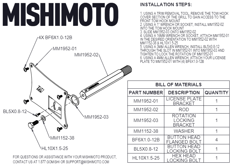 Mishimoto license plate relocation kit hardware set including stainless-steel license plate screws