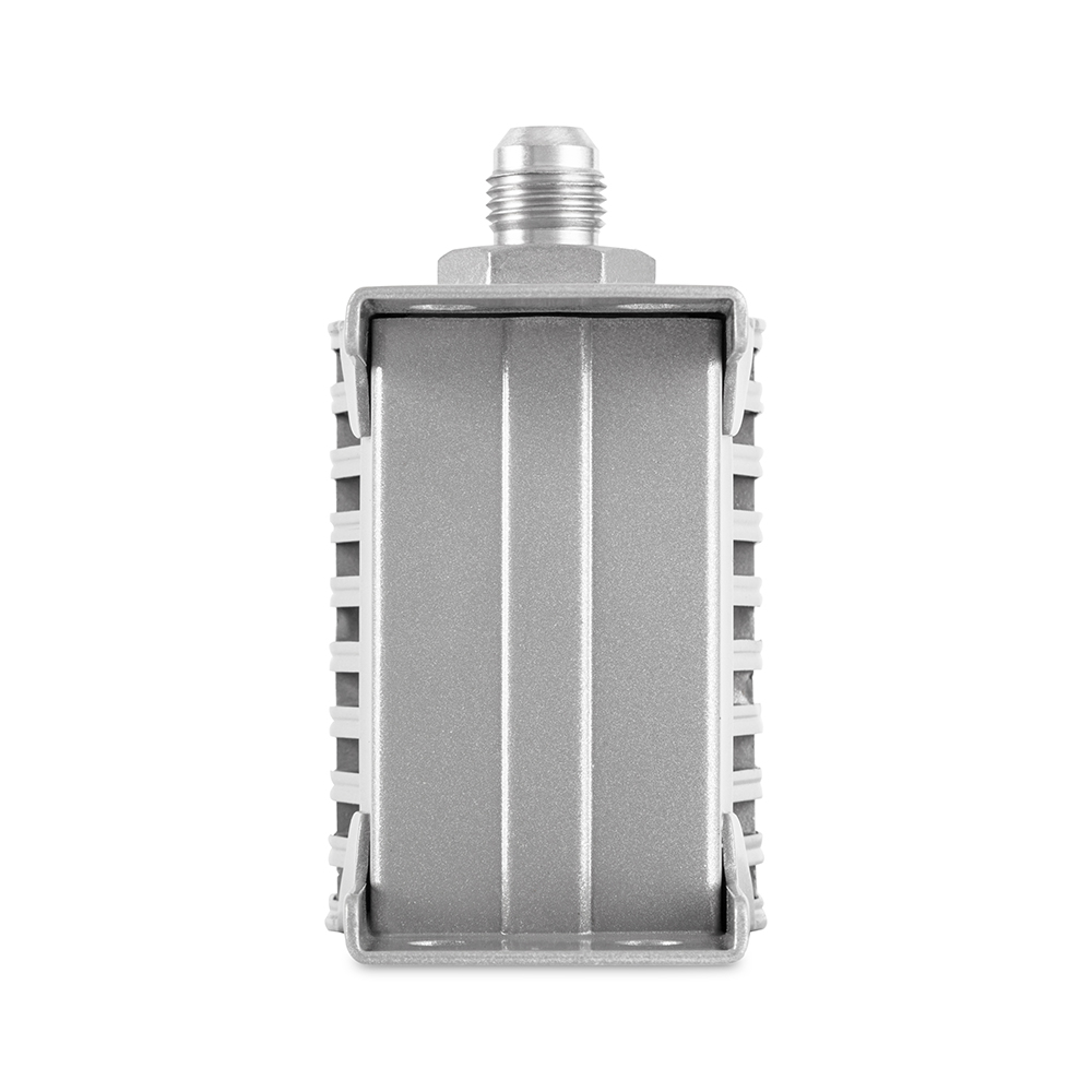 Side view of the Mishimoto silver fluid cooler showing overall length and core row design