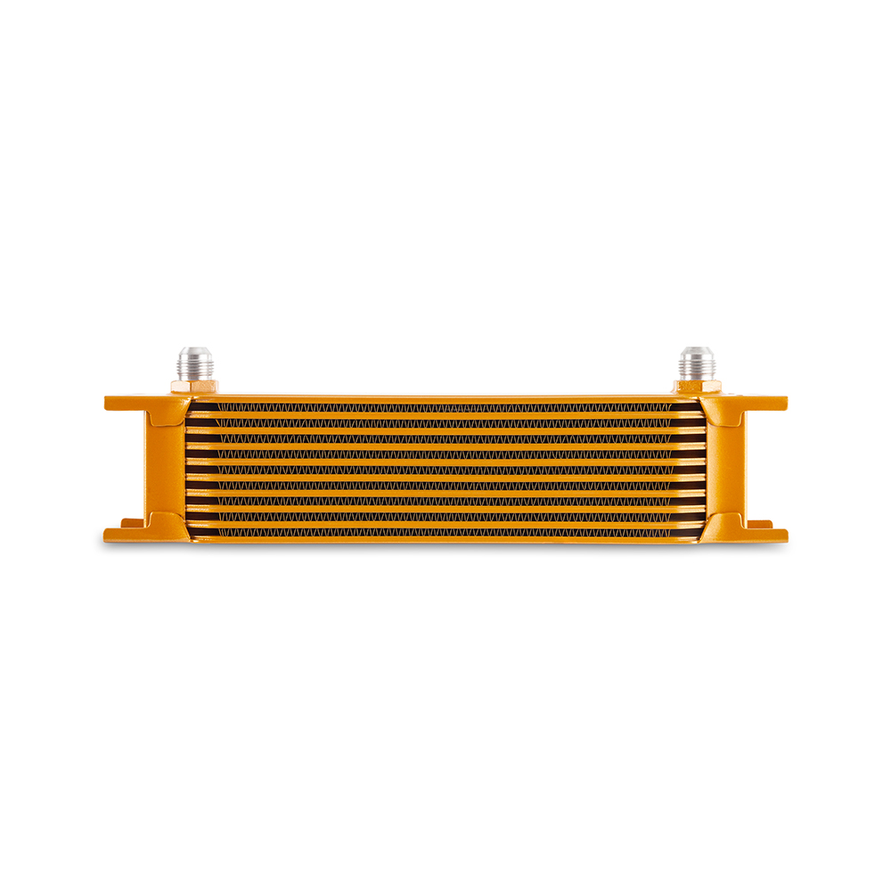 Gold Mishimoto fluid cooler showing brazed -8AN inlet and outlet fittings