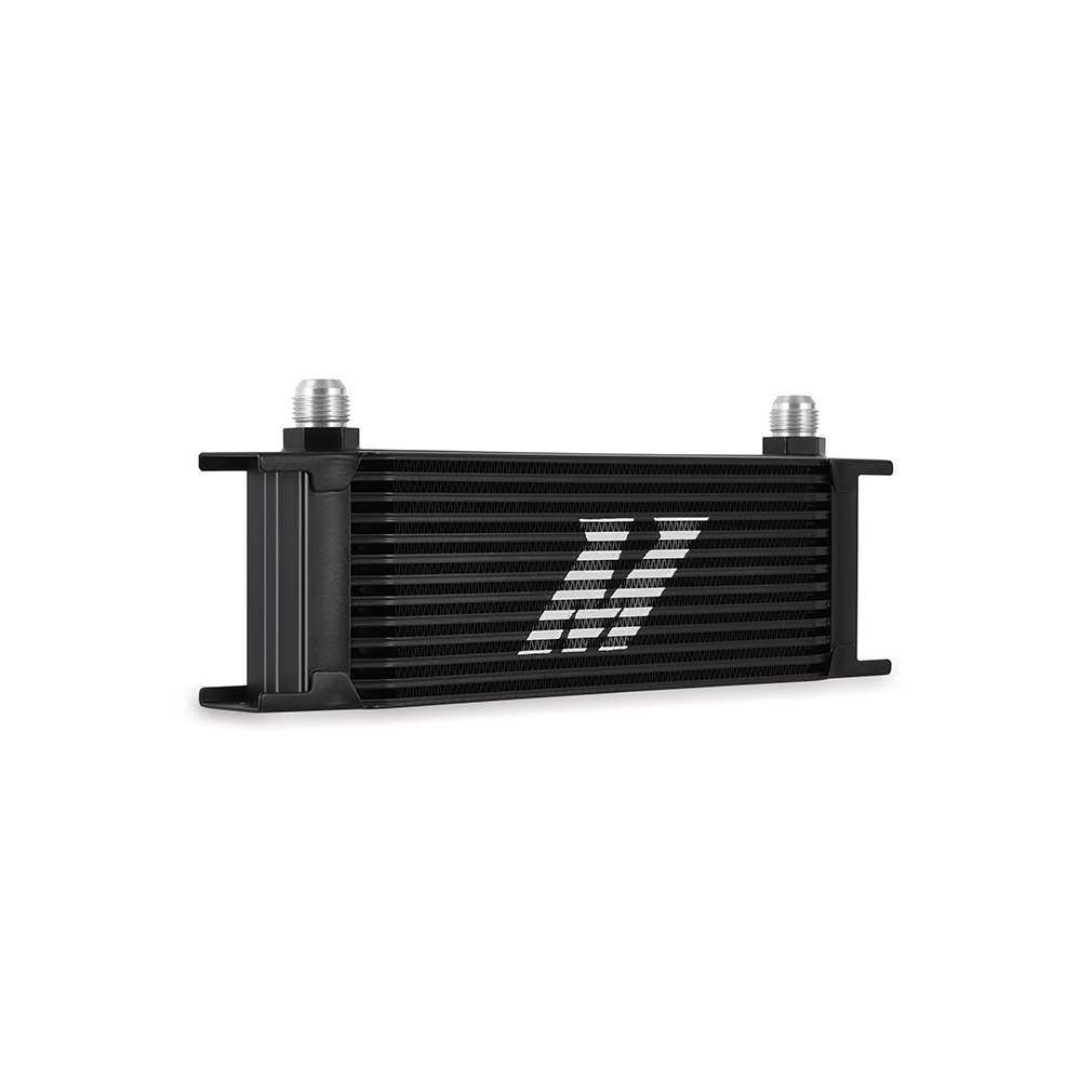 Close-up of Mishimoto oil cooler bar-and-plate core with 13-row construction