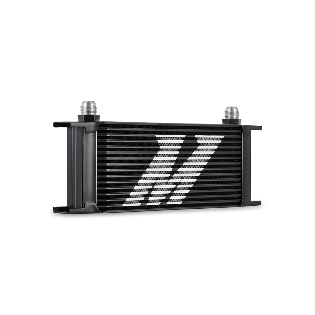 Black Mishimoto oil cooler showing -10AN male inlet and outlet AN flare fittings