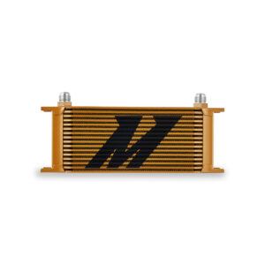 Mishimoto 16-row stacked-plate oil cooler in gold anodized finish, part number MMOC-16GD