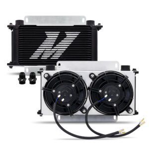 Mishimoto MMOC-19-K 19-row stacked-plate oil cooler with dual 5-inch fans and aluminum shroud