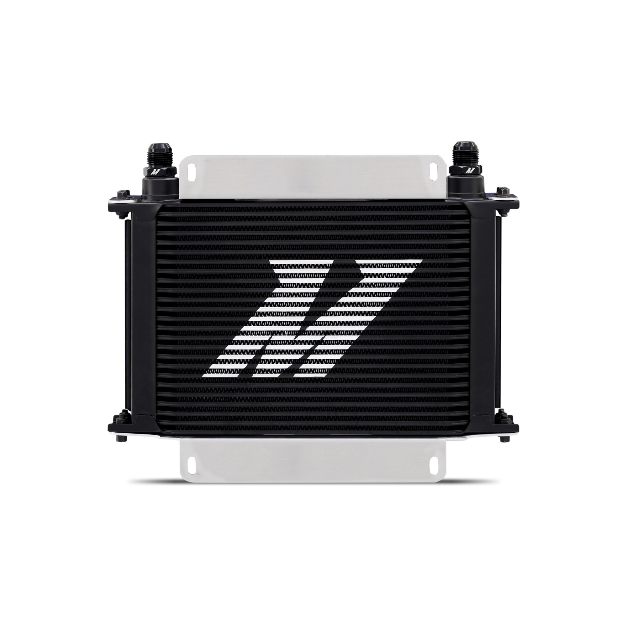 Silver anodized Mishimoto 25-row bar-and-plate oil cooler core with fan shroud attached