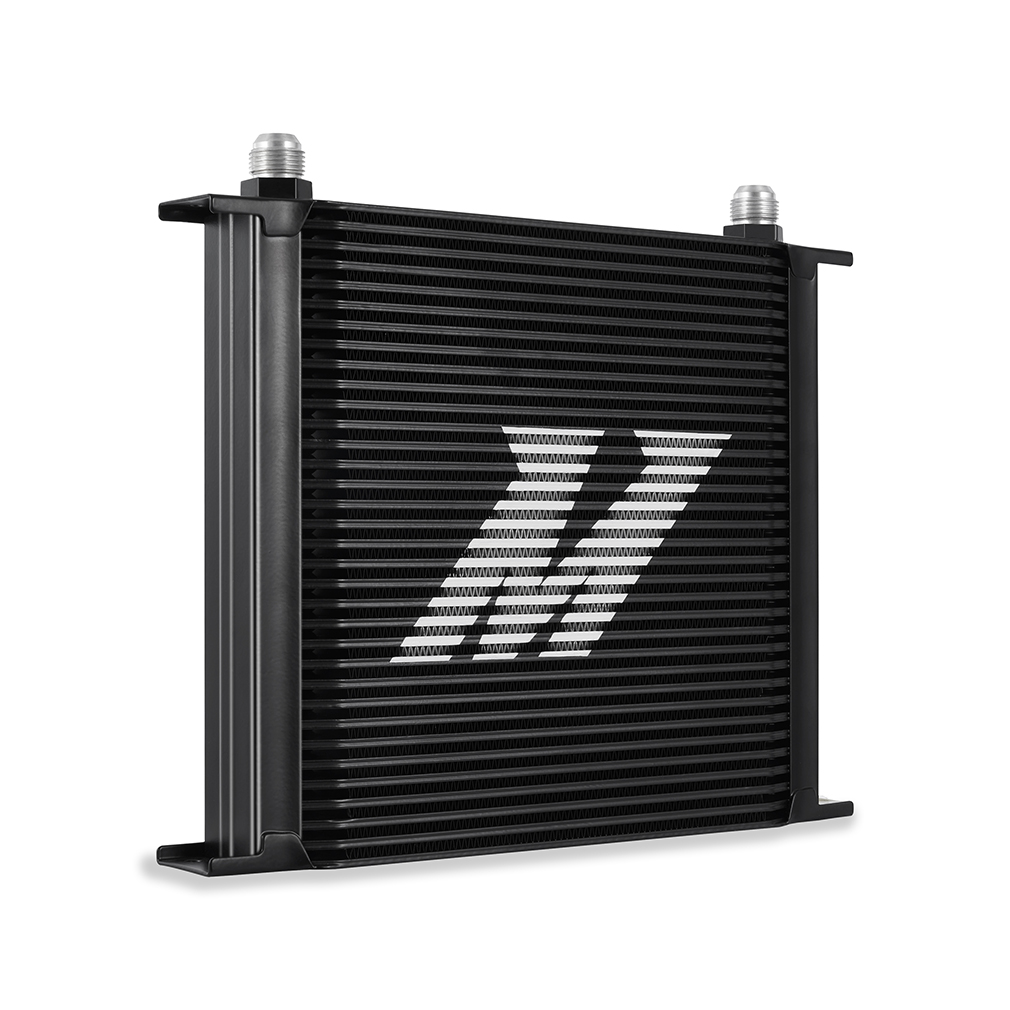 Mishimoto oil cooler showing -10AN male AN flare inlet and outlet fittings
