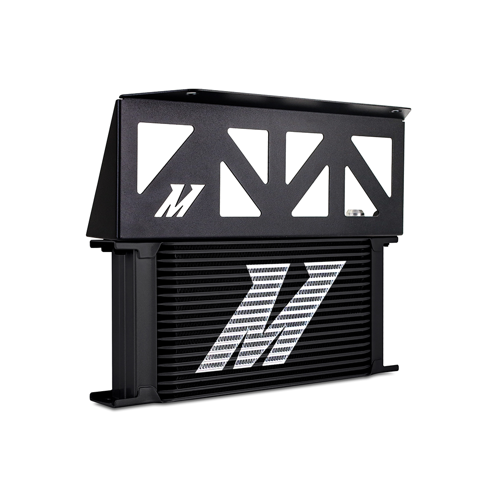 Mishimoto oil cooler steel mounting bracket installed in grille for maximum airflow