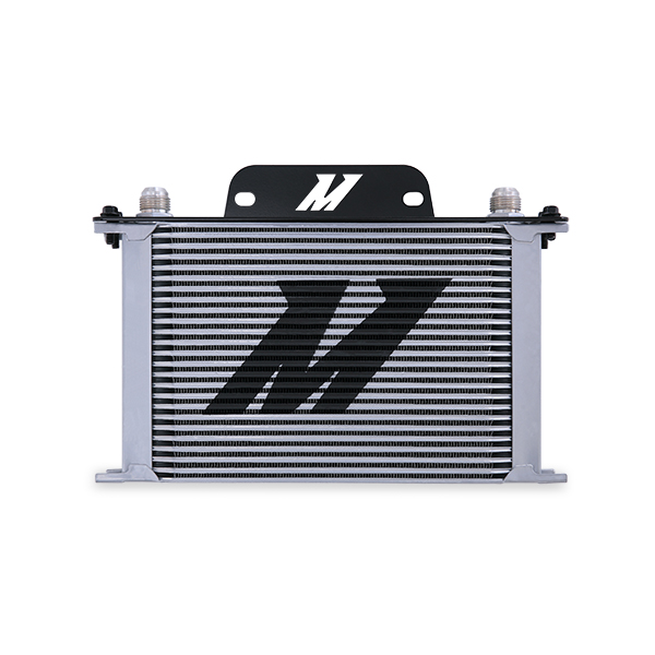 25-row stacked-plate Mishimoto oil cooler core with silver anodized finish
