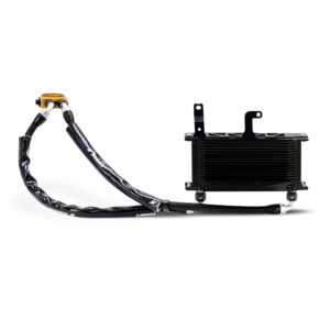 Mishimoto 19-row stacked plate oil cooler kit installed on a 2023+ Honda Civic Type R engine bay