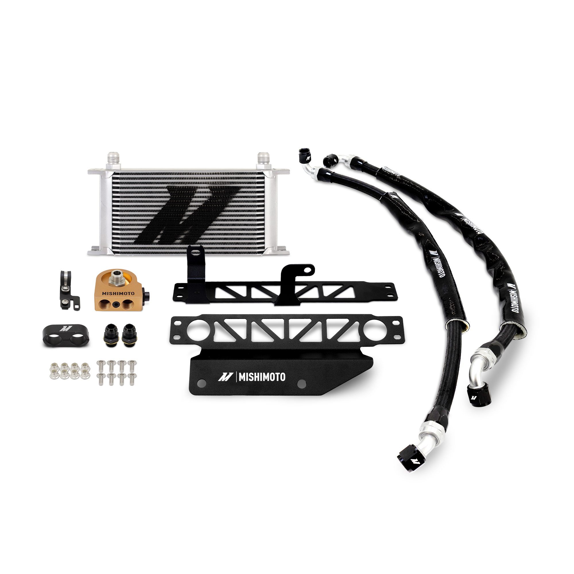 Silver anodized Mishimoto oil cooler core with bar-and-plate construction and 19 rows