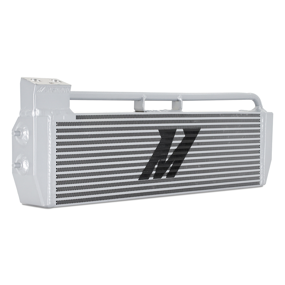 Silver powder-coated bar-and-plate core of the Mishimoto BMW E60 M5 oil cooler