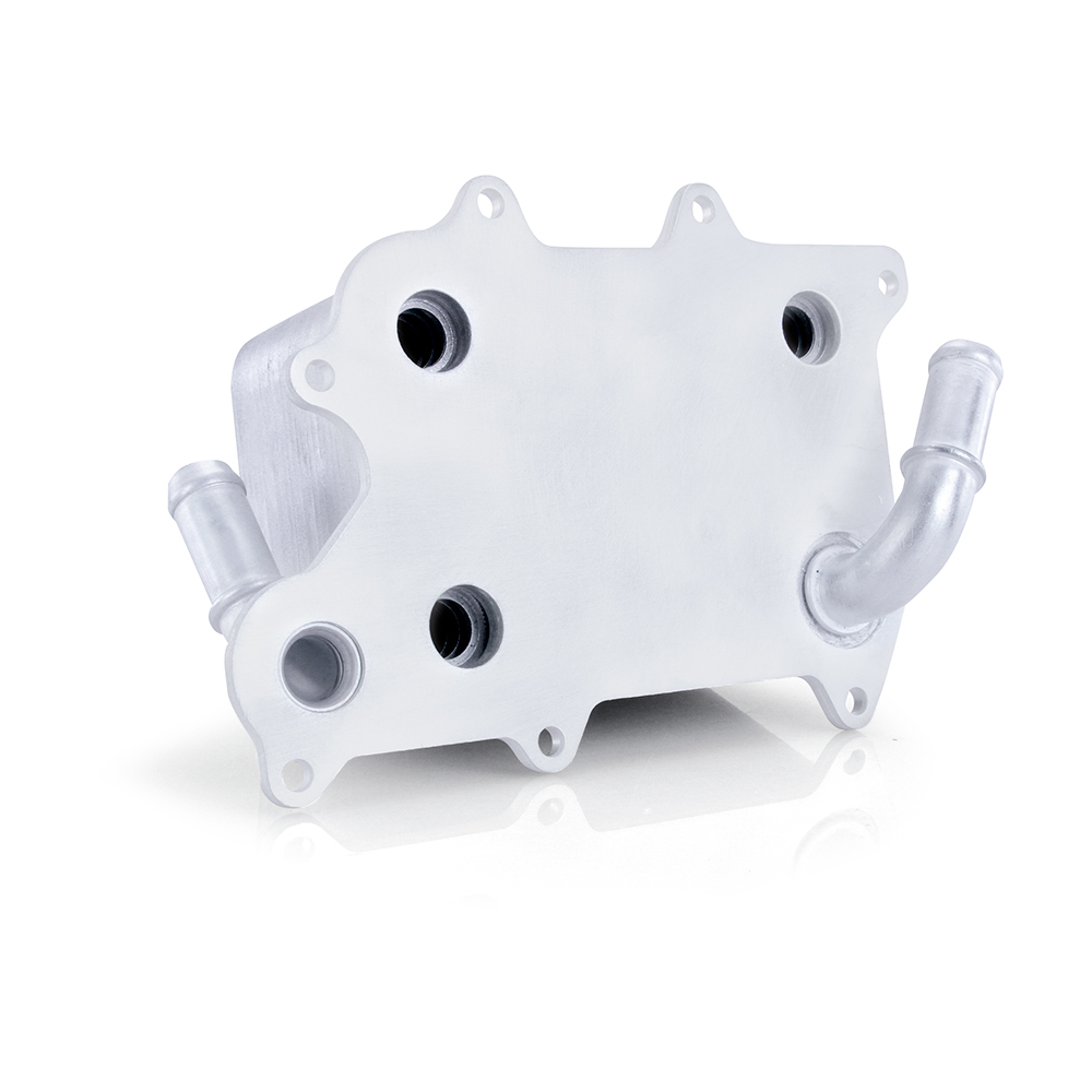 Silver anodized bar-and-plate core of Mishimoto 6.7L Powerstroke oil cooler