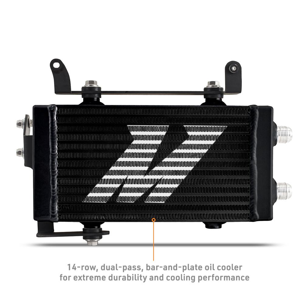 Mishimoto oil cooler bar-and-plate core mounted in GR Corolla upper grille with direct-fit brackets