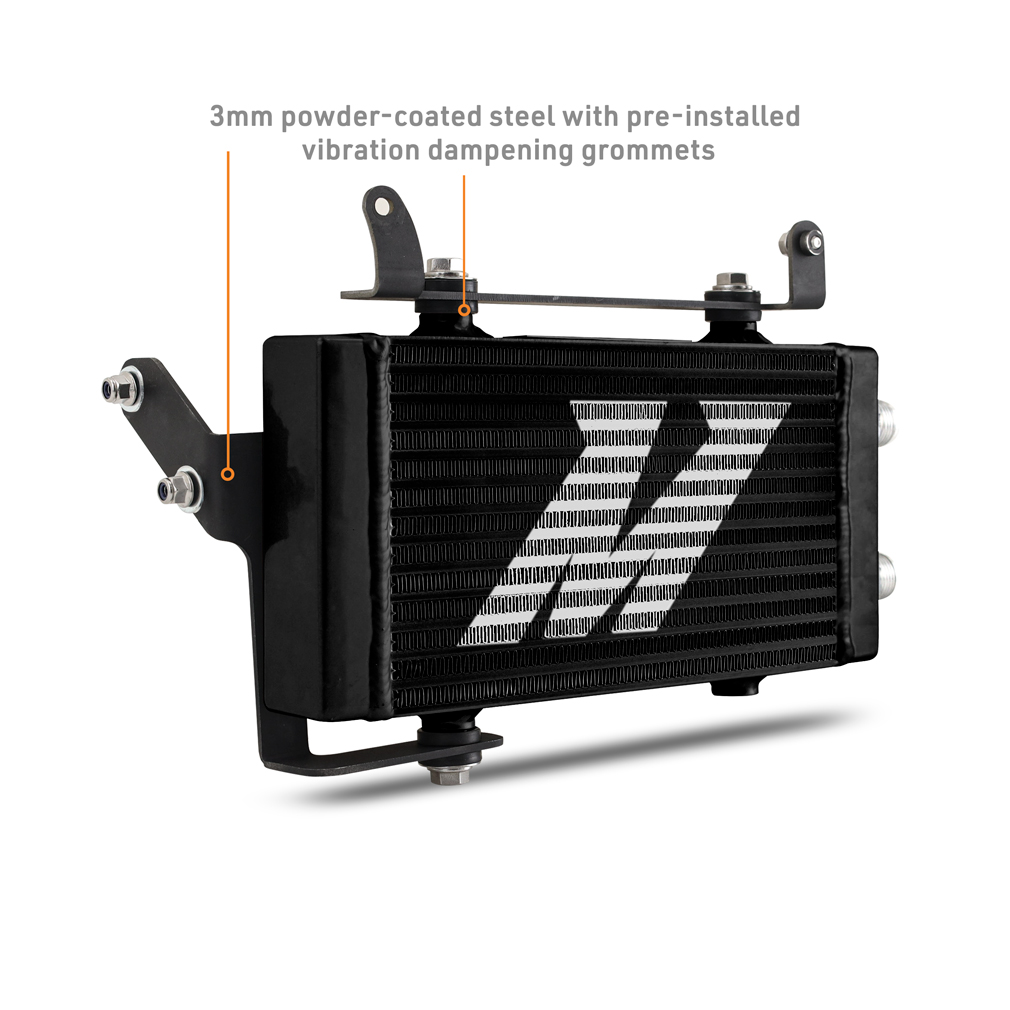 Mishimoto oil cooler mounted in the upper grille of a 2023-2025 Toyota GR Corolla using direct-fit brackets
