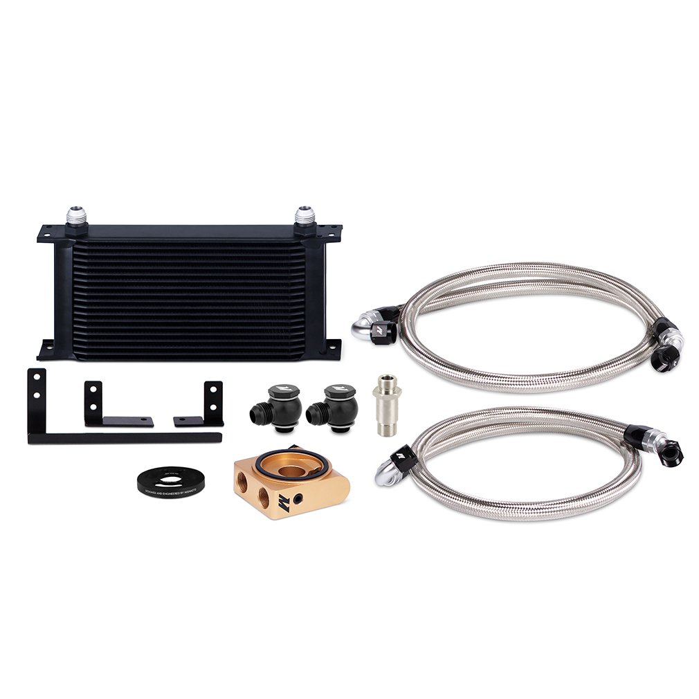 Mishimoto 2019+ Mazda Miata ND2 19-row stacked-plate oil cooler kit in stealth black finish