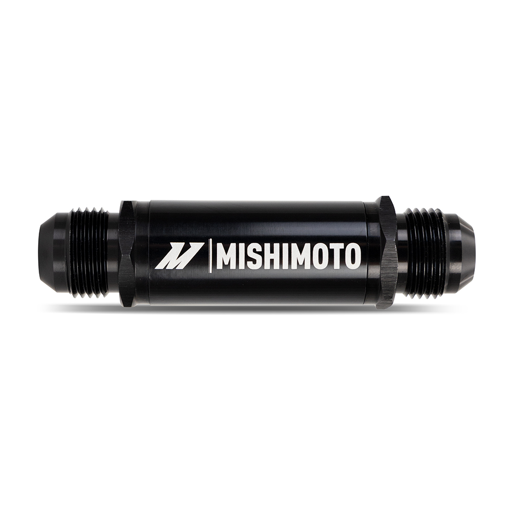 Mishimoto -10AN In-Line Pre-Filter MMOC-PF-10 with black anodized finish and AN flare fittings