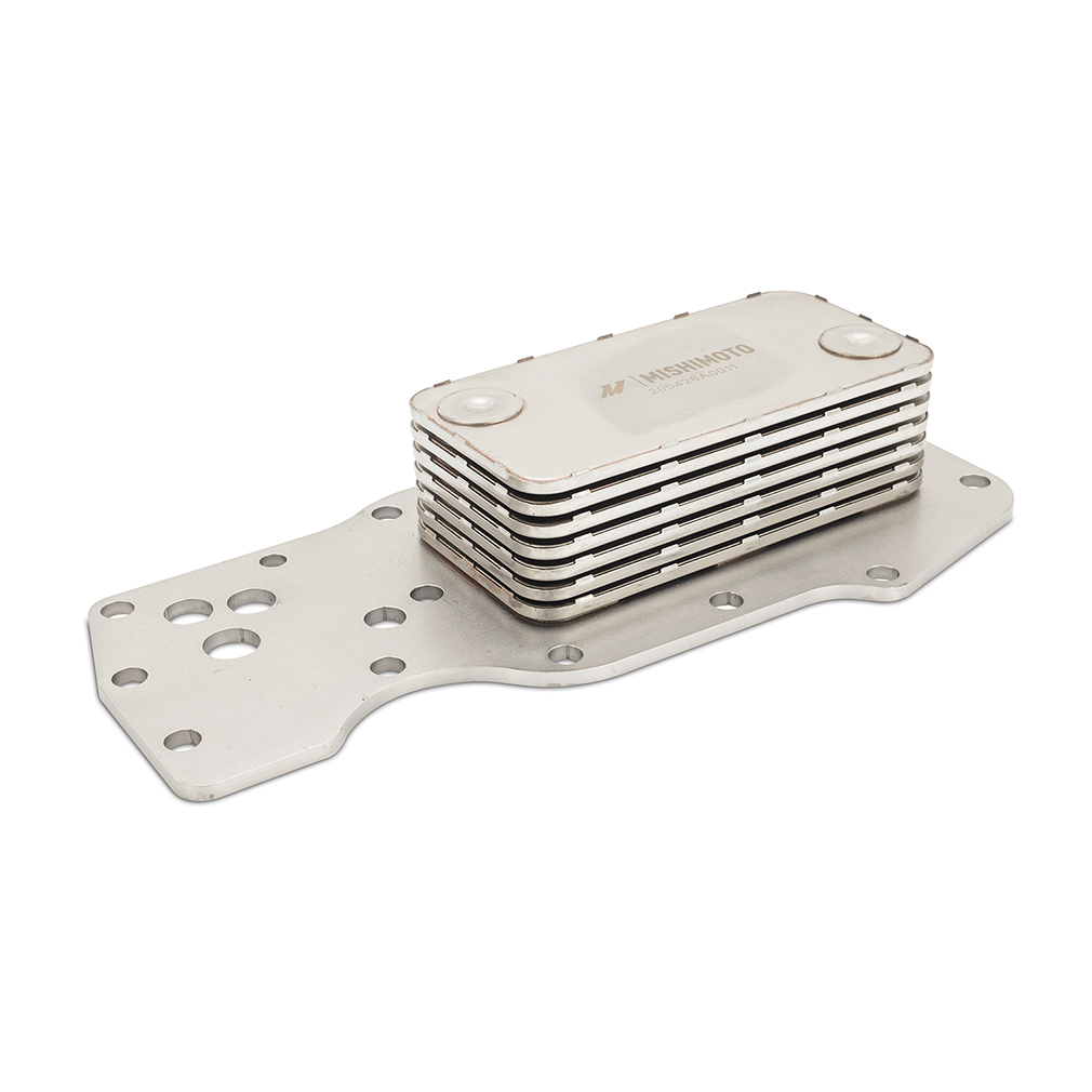 Bar-and-plate stacked plate core of the Mishimoto oil cooler for Dodge Ram 5.9L Cummins trucks