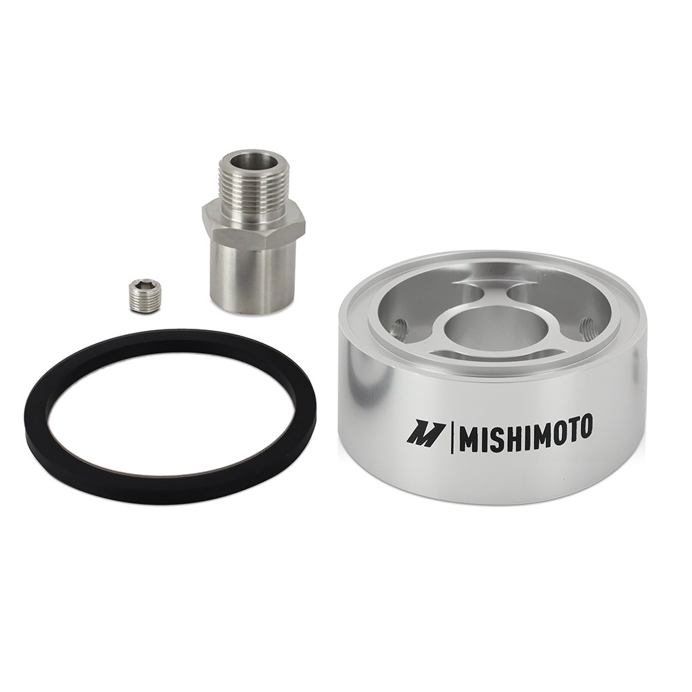 Mishimoto M20 x 1.5 billet aluminum oil filter spacer with silver anodized finish