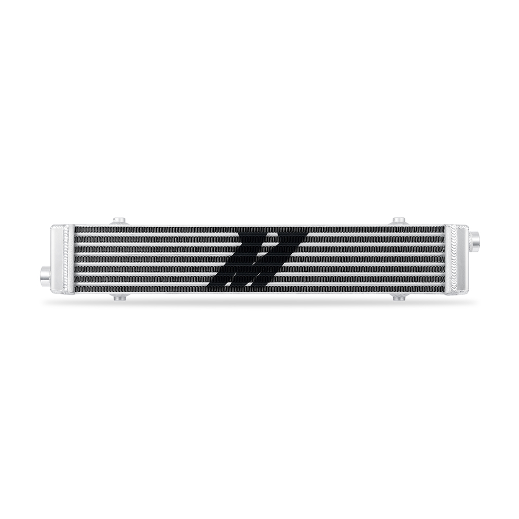 Mishimoto oil cooler core showing louvered fins and rounded tube leading edges for airflow