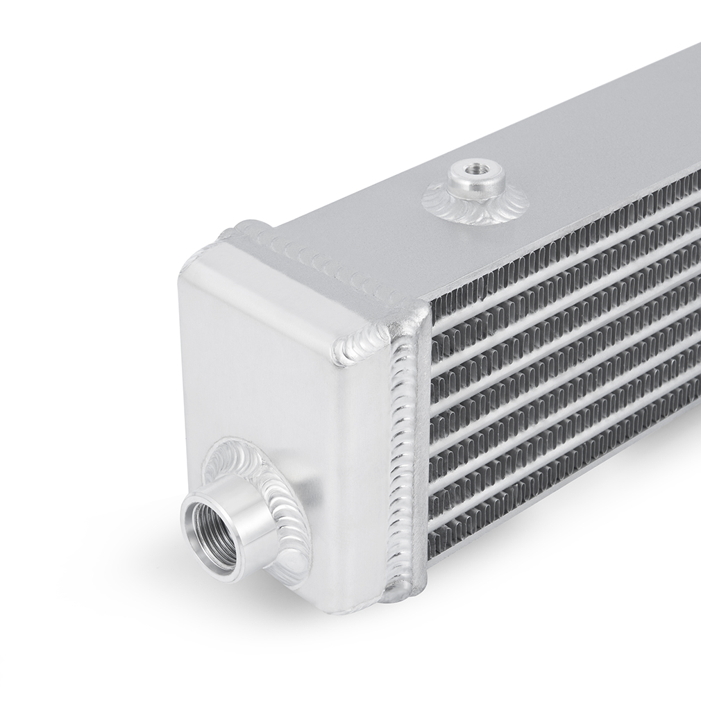 Full-aluminum TIG-welded end tank on Mishimoto crossflow performance oil cooler