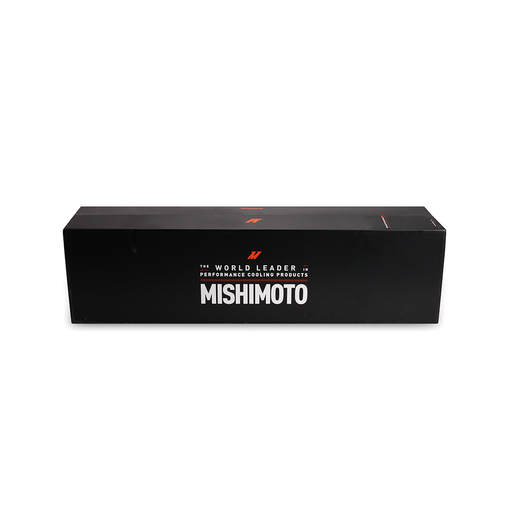 Compact 23-inch by 4-inch by 3-inch Mishimoto oil cooler sized for bumper mounting