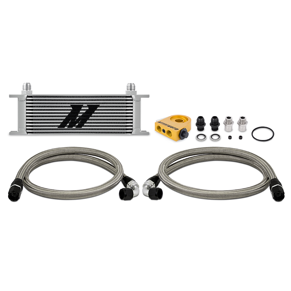Mishimoto Universal 13-Row Stacked Plate Oil Cooler Kit with silver anodized finish, part MMOC-U13TSL