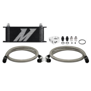 Mishimoto MMOC-U16BK universal 16-row stacked-plate oil cooler kit in black anodized finish
