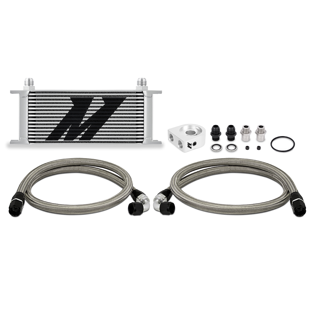 Mishimoto MMOC-U16SL universal oil cooler kit with silver anodized 16-row stacked-plate core