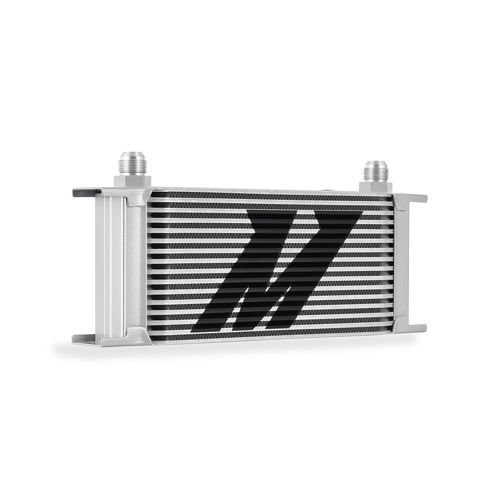 Silver billet anodized sandwich plate included with Mishimoto universal oil cooler kit