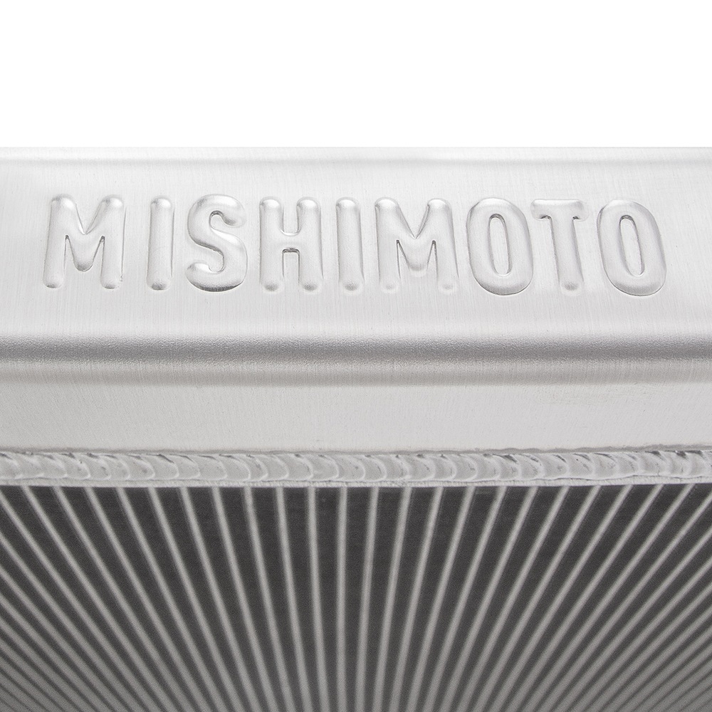 Front view of Mishimoto dual-pass 2-row aluminum heat exchanger core for charge-air cooling
