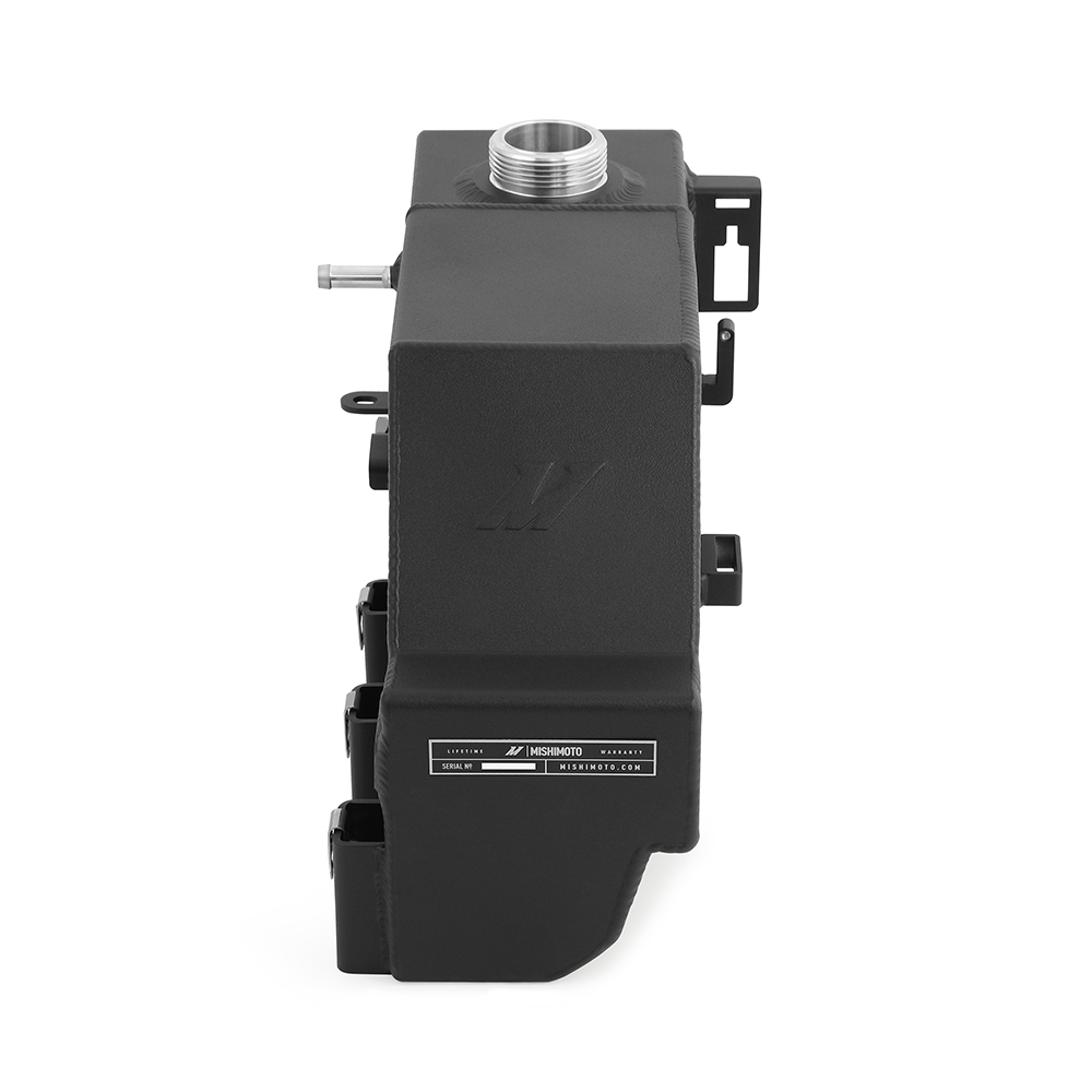 Micro-Wrinkle Black finish Mishimoto primary and secondary degas tanks with sight glasses