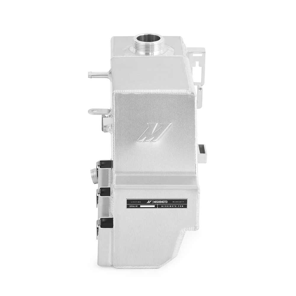 Primary and secondary Mishimoto aluminum degas tanks with integrated sight glasses for 6.7L Powerstroke